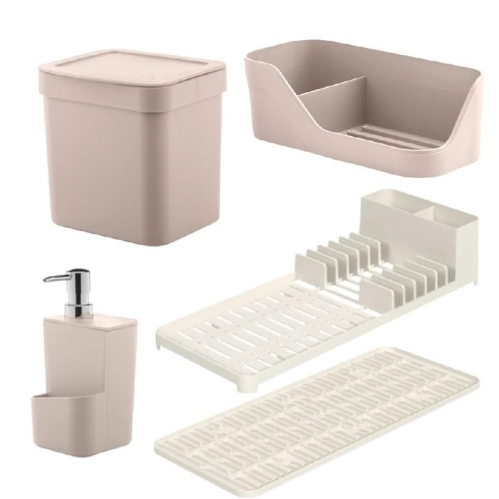 Kit Escorredor Com Tapete Lixeira 4,7L Dispenser Organizador de Pia