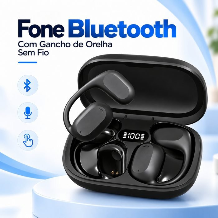 Fone Bluetooth Com Gancho De Orelha Sem Fio Microfone Controle Toque