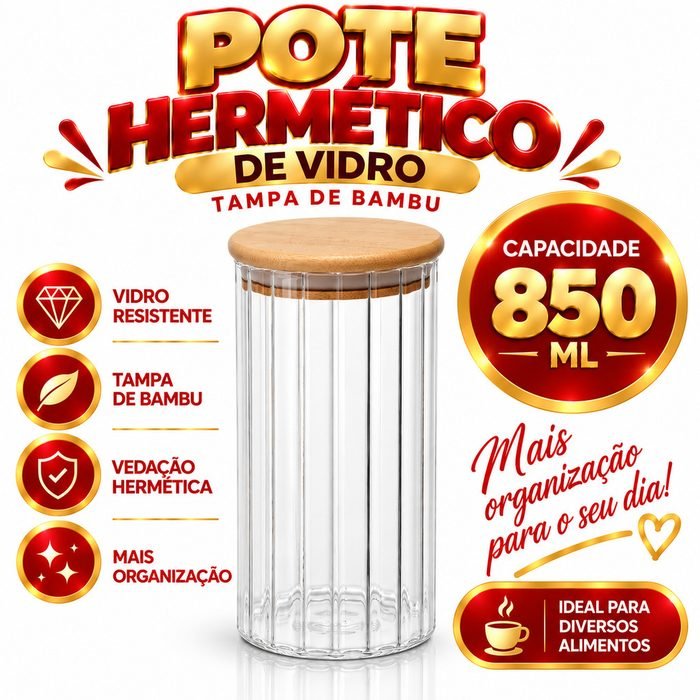 Pote De Alimentos Herméticos com Tampa de Bambu Organização com estilo