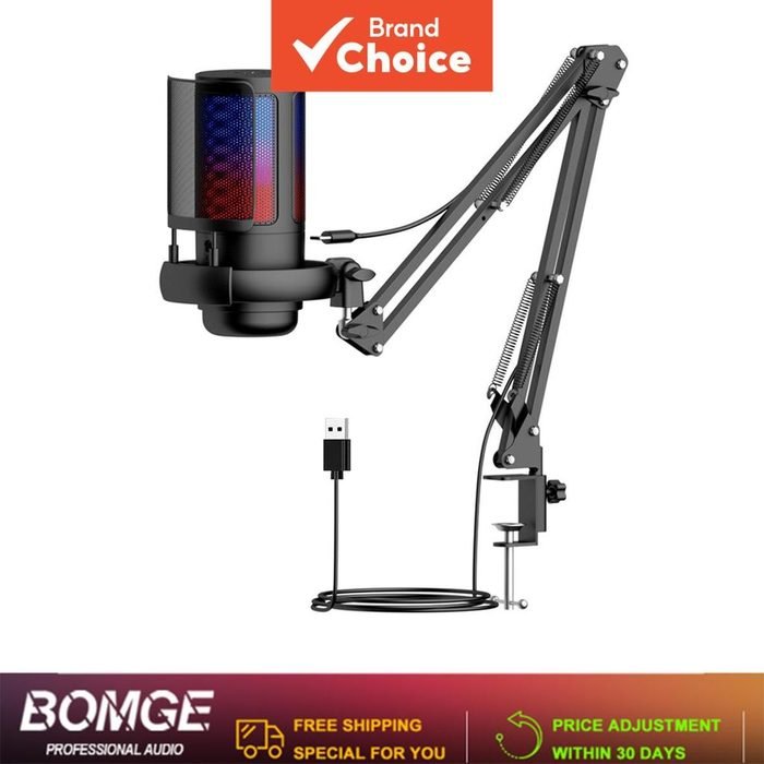 Kit de Microfone de Jogos BOMGE com Suporte Cantilever Microfone Condensador de Mesa USB RGB Controlável