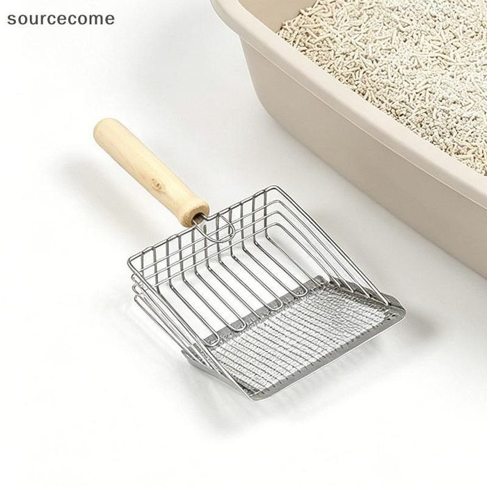 [sourcecome] Colher De Areia Para Gatos Em Aço Inoxidável Cabo De Madeira Antiderrapante Peneiração Rápida Durável Tofu
