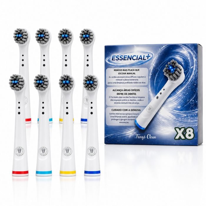 Kit 8 Cabeças de Reposição Fangs Clean Escova Elétrica Compatível com Oral-B Refil Escova Elétrica Essencial+