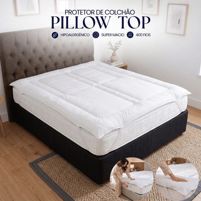 Pillow Top Protetor p Colchão Cama Box Solteiro Casal Queen King Extra Macio 100% Poliéster 400 Fios