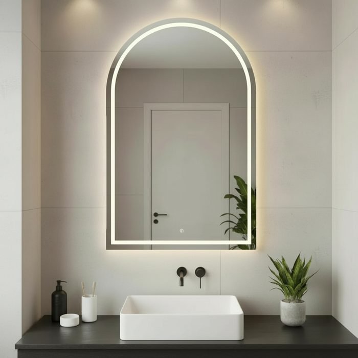 Espelho Oval 100x80cm Base Reta Arco Jateado LED 3 Cores Touch para Maquiagem Banheiro Salão