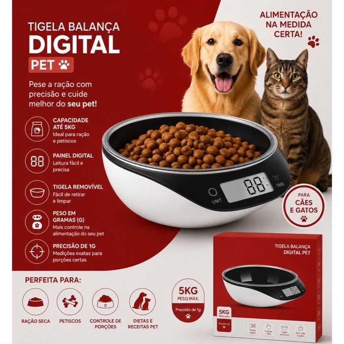 TIGELA BALANÇA DIGITAL PET 5KG CONTROLE PORÇÃO RAÇÃO CACHORRO E GATO DIETA COZINHA PRECISO GRAMAS KG