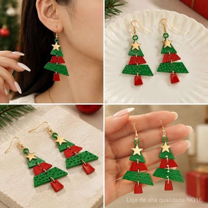 Conjunto de colar e brincos com motivos de árvore de Natal, em liga metálica com detalhes em prata e dourado, longo, ide