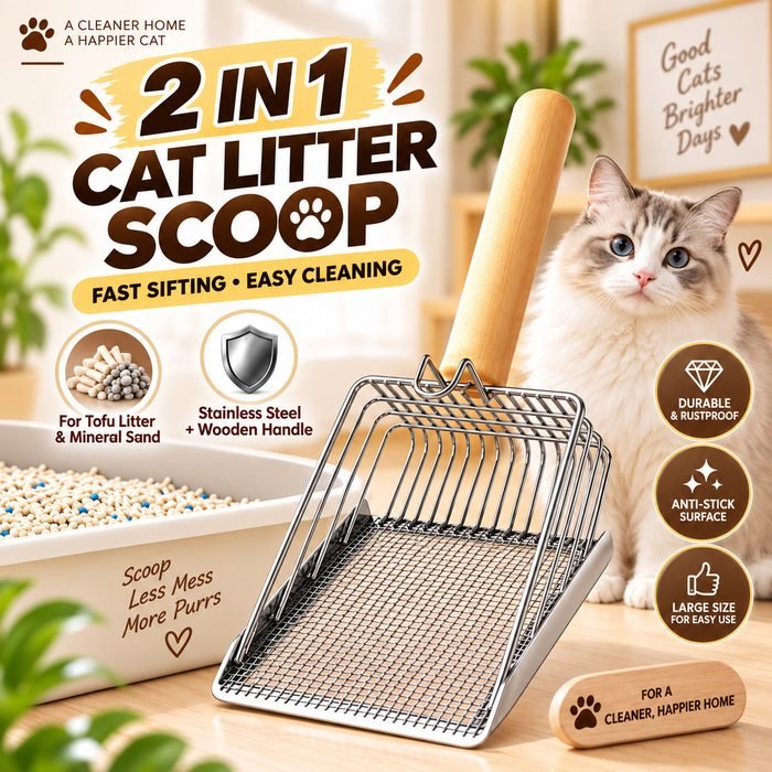 Pá para Areia de Gato 2 em 1 Aço Inoxidável Furos Finos para Areia Tofu e Mineral Tamanho Grande