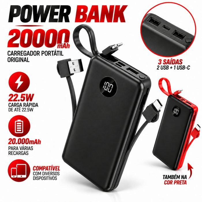 Carregador Portátil Original Power Bank 20000mAh 22.5W Display Digital