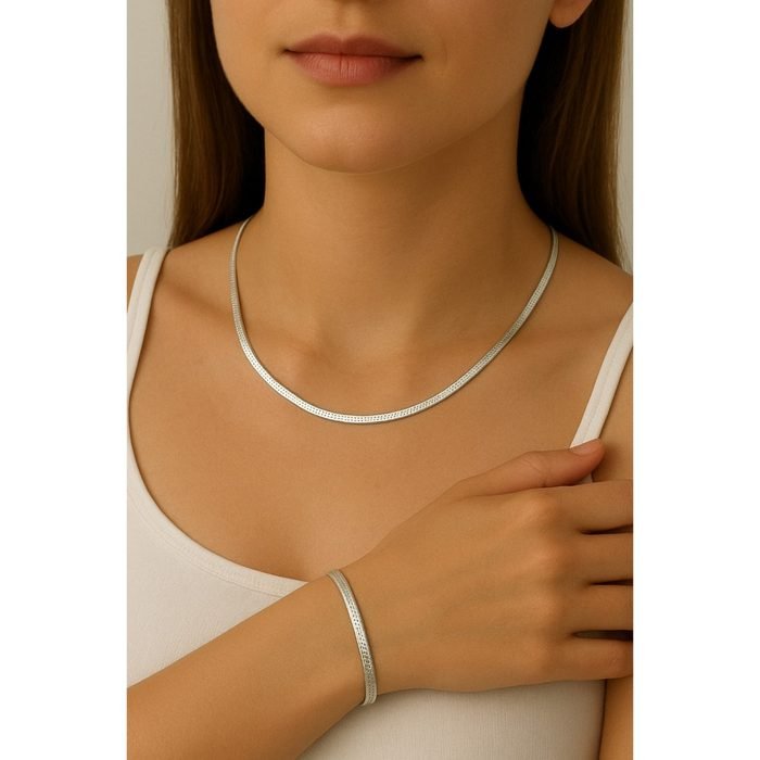 Conjunto Colar Laminado Choker + Pulseira Laminada em Aço Inoxidável Premium 316L Prata