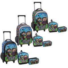 Mochila Infantil Menino Rodinha Escolar Gamecraft Brave Yepp Blocks Reforçada Kit Com Lancheira Térmica e Estojo Duplo