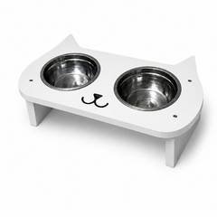 Comedouro Pet Bebedouro Elevado Para Gatos MDF Branco 2 Tigelas Inox 350ml Ergon