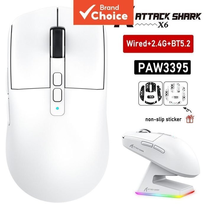 Mouse Gamer Attack Shark X6 PAW3395 Bluetooth com conexão tri-modo, base de carr