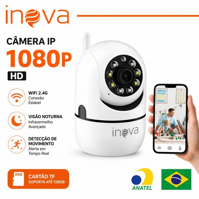 INOVA Câmera IP WiFi 1080P Giratória 360° com Rastreamento Automático Visão Noturna Colorida Áudio Bidirecional Yoosee