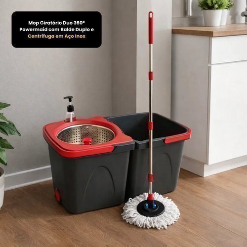 Mop Giratório Duo 360° Balde Duplo 13L Centrífuga Aço Inox Powermaid