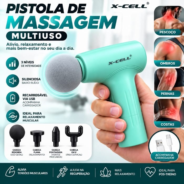 Pistola Massageadora Muscular Elétrica Silenciosa 3 Intensidades Recarregável