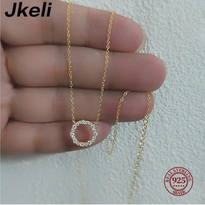 Jkeli Colar Feminino Prata 925 Dourado Pingente Círculo com Zirconia Delicado Minimalista Elegante Luxo Festa Moderno