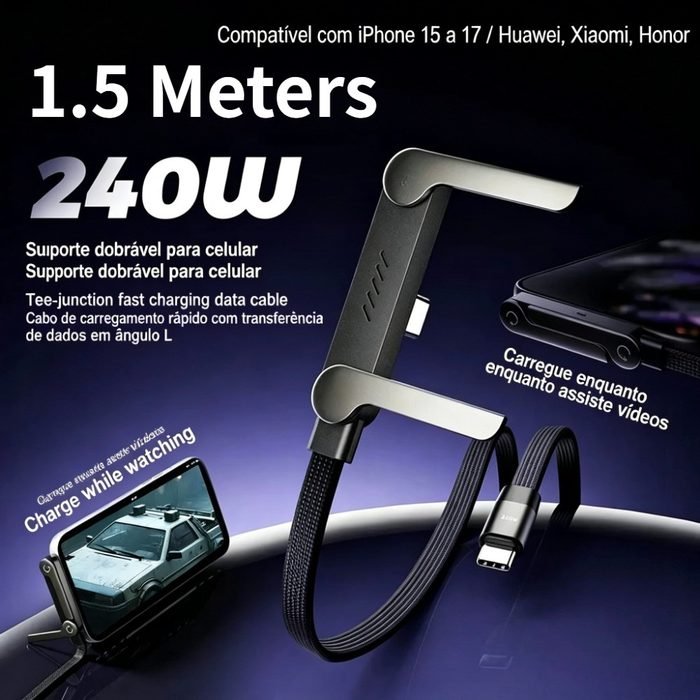 Cabo Tipo C Para Pipo C 240W Carregamento Rápido Cotovelo Com Suporte Para iPhone 17 16 15 Samsung  Moto Celular 1.5M