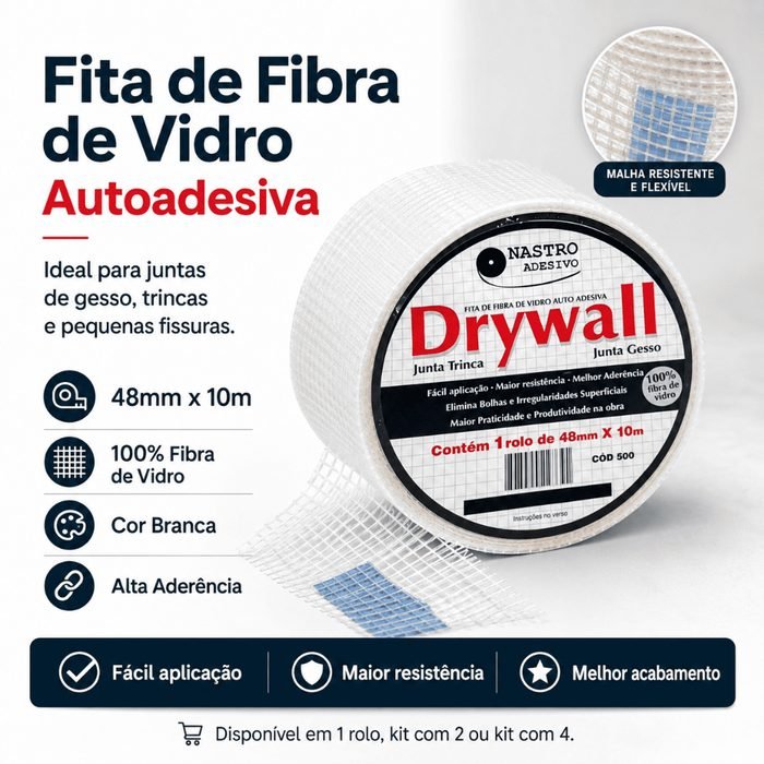 Fita Telada Fibra De Vidro Drywall Reparo Trinca Parede Gesso Massa Corrida Forte Fácil Aplicação