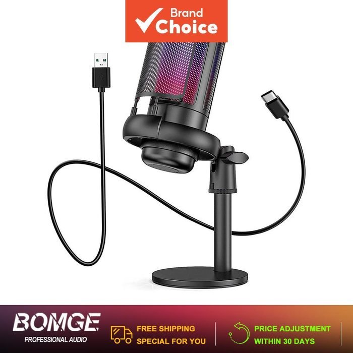 BOMGE Microfone de mesa condensador USB, redução de ruído, RGB, para jogos, PC, streaming, profissional
