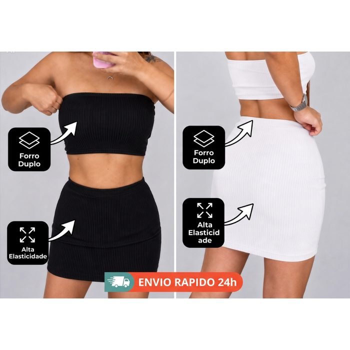 KIT 2 UNIDADES CONJUNTO CANELADO TOP FAIXA CROPPED TOMARA QUE CAIA + SAIA MIDI FENDA - ENVIO IMEDIATO
