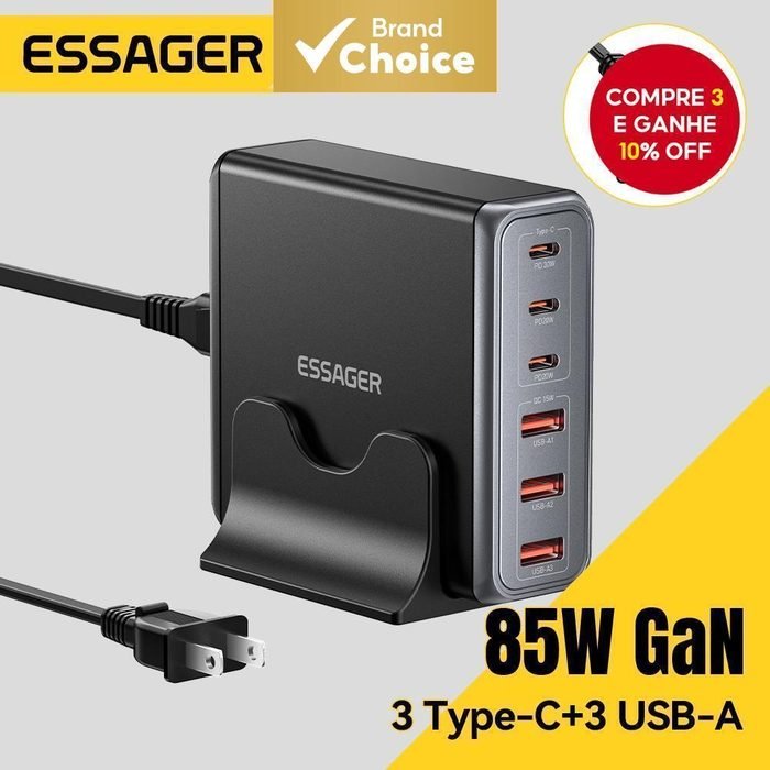 Essager 85W GaN USB Carregador 6 em 1 Mesa de Carregamento Rápido USB Tipo C Para iPhone 17 16 15 Pro Xiaomi Samsung