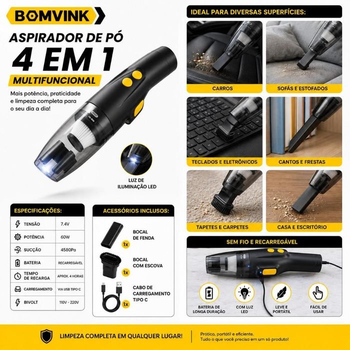 Aspirador de Pó Portátil Multifuncional 4 em 1 Sem Fio Recarregável 4580Pa USB Bivolt Limpeza Automotiva Casa top