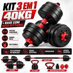 Kit Halteres 3 em 1 40kg Anilha Barra Musculação Academia Ajustável Segurança e 