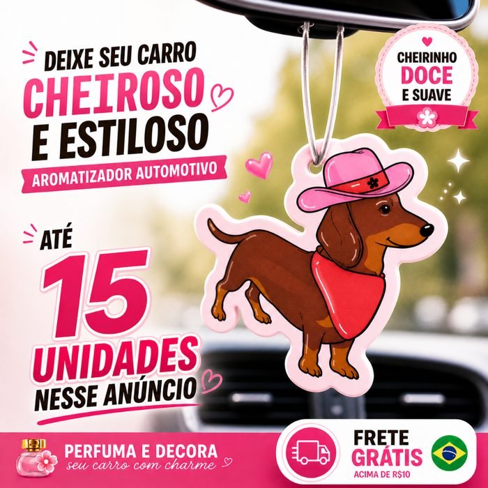 15 Cheirinho Aromatizador Automotivo Cachorrinho Salsicha – Doce Suave | Pingente Retrovisor Carro | Kit 4, 10 ou 15 Uni