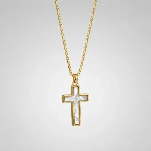 Colar Cruz Dourada Veneziana Madrepérola Religioso 45cm Cruxifixo Feminino Banhado a Ouro 24k
