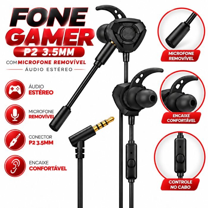 Fone Gamer Com Microfone Removível P2 3.5mm Áudio Estéreo Compatível PC Console Celular