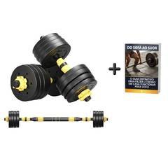 Kit Halteres 40kg 3 em 1 com Anilhas e Barras para Musculação + Ebook