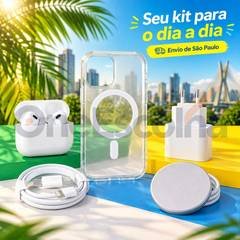 Kit 5 em 1 para iPhone: Carregador sem Fio, Capinha, Fone Bluetooth, Cabo Lightning/USB-C e Fonte Europeia