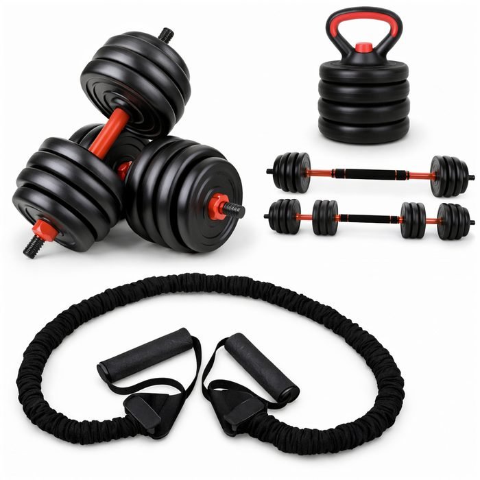 Kit Halteres Ajustáveis 6 em 1 30kg + Elástico Extensor de Alta Resistência com Revestimento