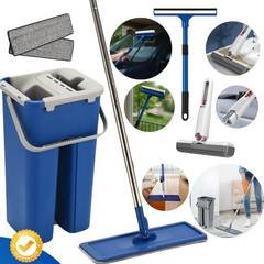 Mop Esfregão Flat com Balde Lava & Vassoura Mágica Rodo Silicone  Kit Limpeza Completo para Casa e Carro