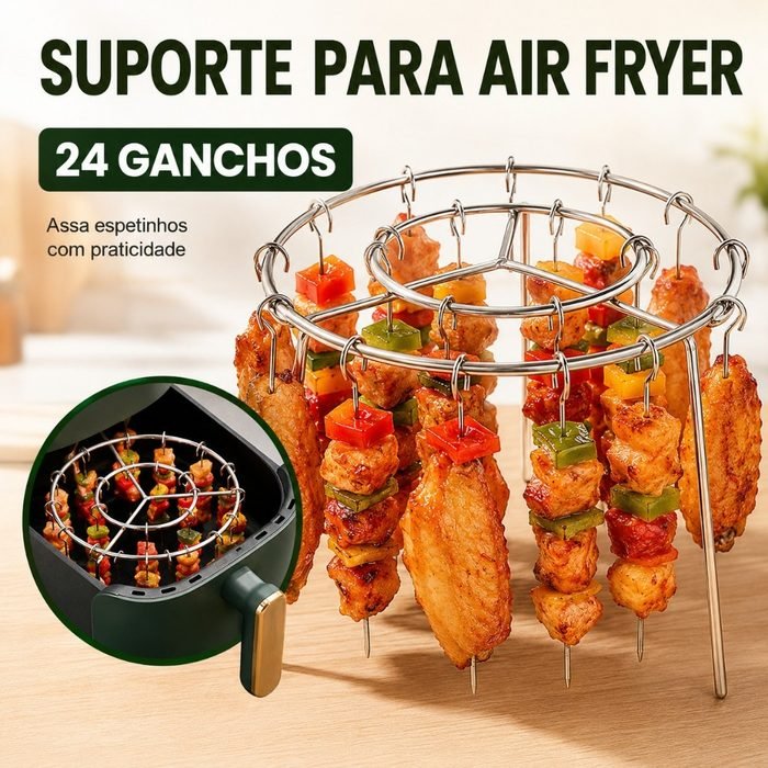 Suporte para Espetos Air Fryer 24 Ganchos Rack Vertical para Churrasco Espetinho Carne Legumes Kebab