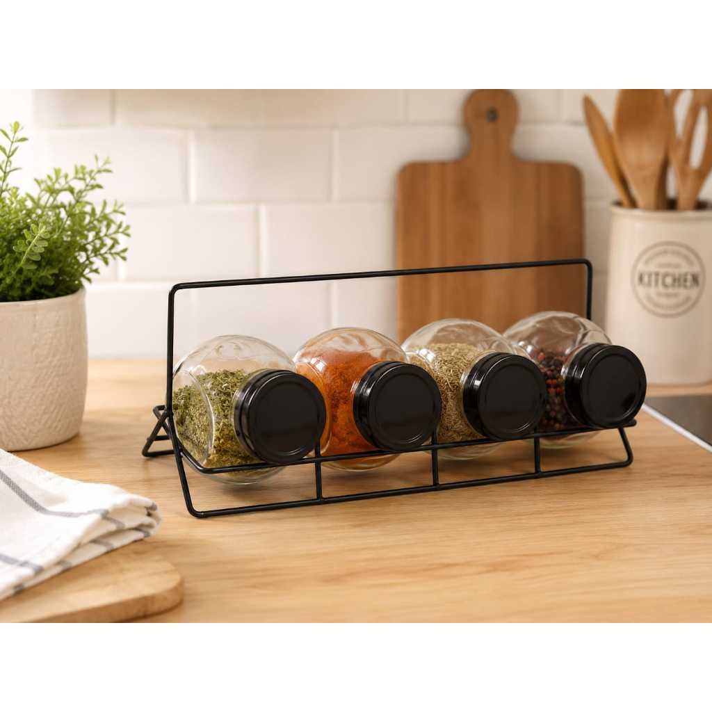 Porta Condimentos com Suporte Aramado 4 Potes de Vidro Organizador de Temperos