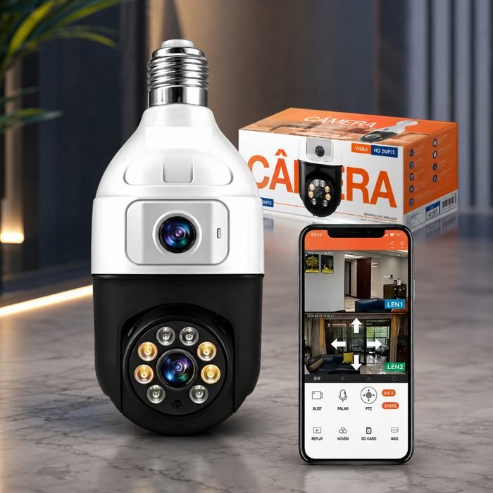 Câmera De Segurança E27 Lente Dupla Wifi HD Proteção Ip44 Visão Noturna 360 Grau