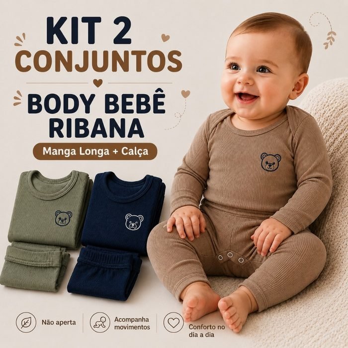 KIT 2  Conjuntos Bodys Bebê Ribana Ursinho Manga Longa com Calças Canelada Inverno P ao 3