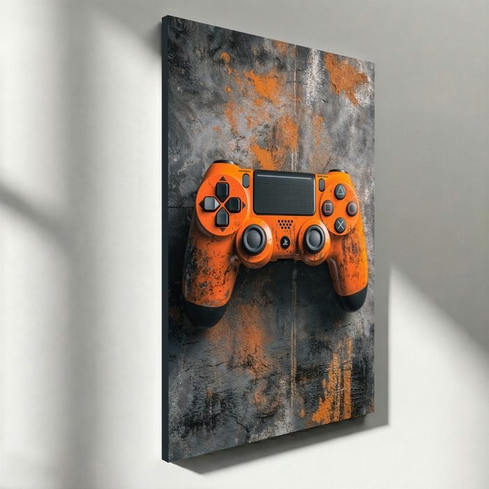Quadro Decorativo Gamer Controle Playstation PS4 Laranja Industrial Rustico Sala Quarto Escritorio Setup
