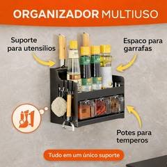 Organizador de Temperos de Parede com Potes Porta Utensílios Cozinha Suporte Multiuso Metal Preto