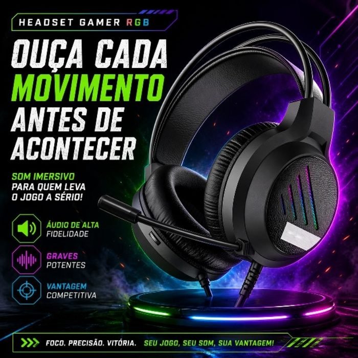 Headset Gamer RGB com Microfone P2 P3 LED 7 Cores Fone Gamer PC Console Celular 50mm