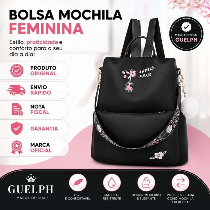 Bolsa Mochila Feminina Guelph Casual Escolar Faculdade Passeio 12L Preta com Alça Transversal