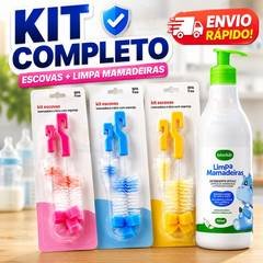 Kit Escova Mamadeira e Bico + Detergente 500 ml Lava Louça Copo Garrafa Multiuso Mãe