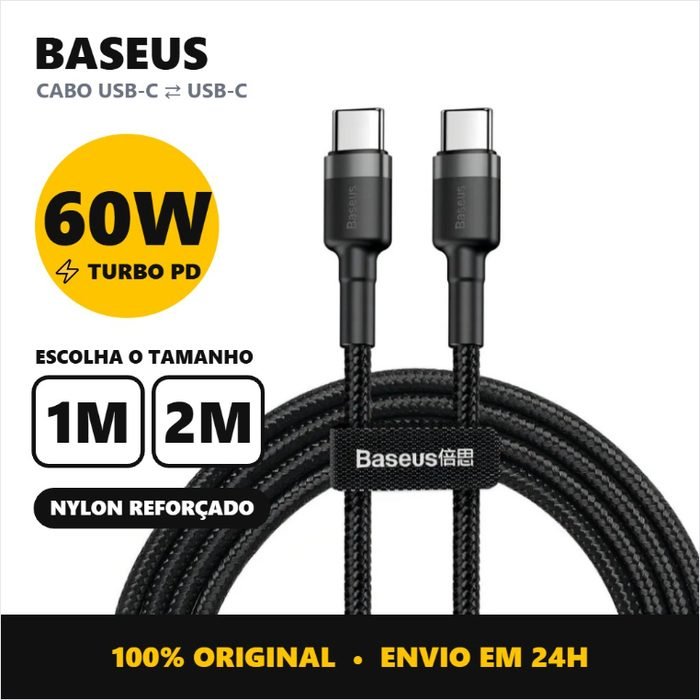 Cabo Baseus Tipo C x Tipo C 60W Turbo Original 1m Nylon Reforçado Carregamento Rápido iPhone 15 16 17 18 Samsung