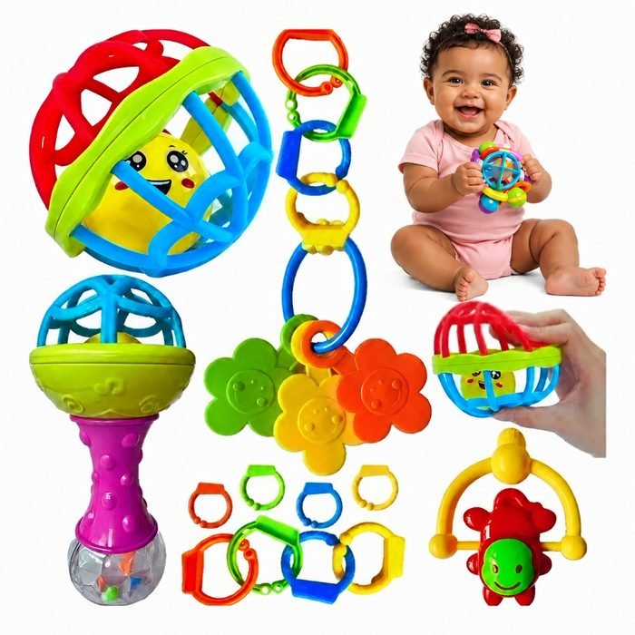 Kit 8 Peças Chocalho Mordedor Bebê Silicone Macio Bola Sensorial Colorido Brinquedo Menina Menino