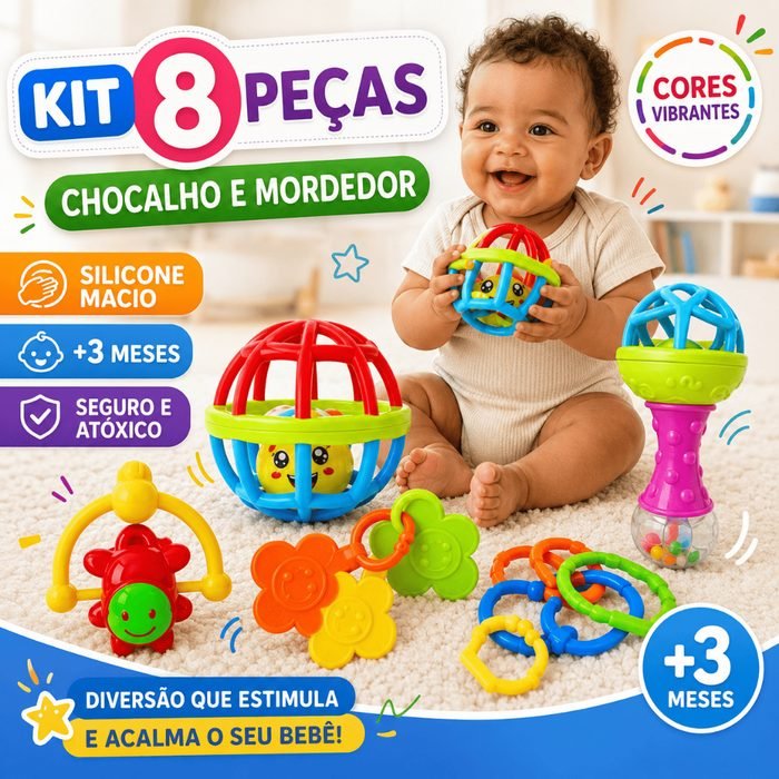 Kit Brinquedo Bebê 8 Peças Chocalho Mordedor Silicone Macio Bola Sensorial Colorido Menina Menino
