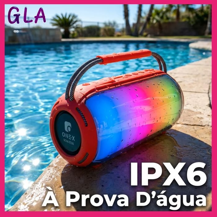Caixa de Som Bluetooth ONE-X SOM-0536 20W IPX6 À Prova D'água Luz RGB Portátil Alça Reforçada Bateria