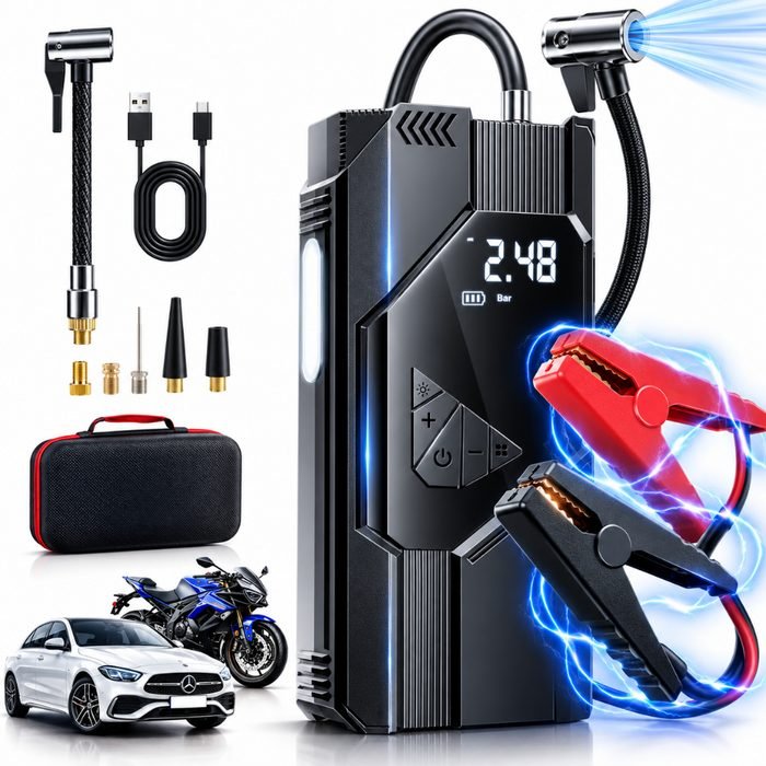 Auxiliar De Partida Automotivo 12v E Compressor De Ar Portátil Pneu Moto Carro Carregador De Bateria Kit 9 Em 1