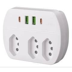 Adaptador de Tomada Múltipla 3 Saídas 2 USB 2 Tipo-C Carregador Rápido 2500W Bivolt