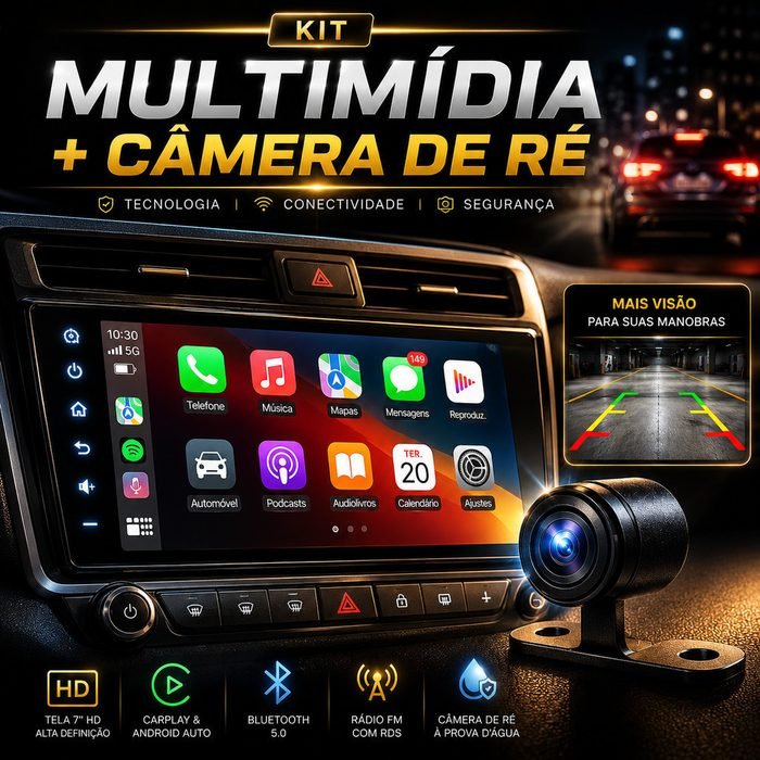 Kit Central Multimídia RS-7007BR Plus 7" + Câmera de Ré RS210 C CarPlay Android Auto Bluetooth Tela Touch USB RCA